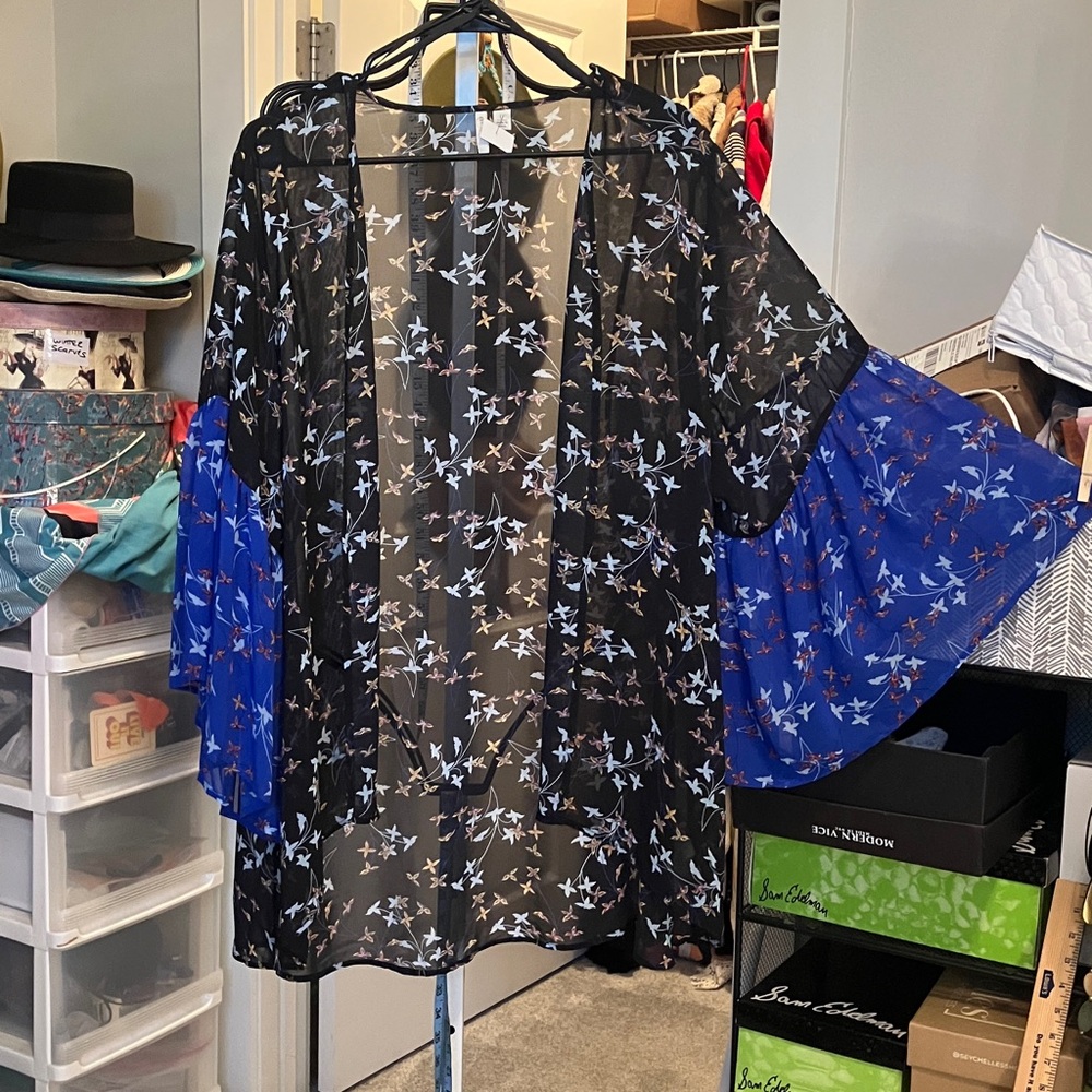 Sheer Black & Blue Floral Kimono Cardigan